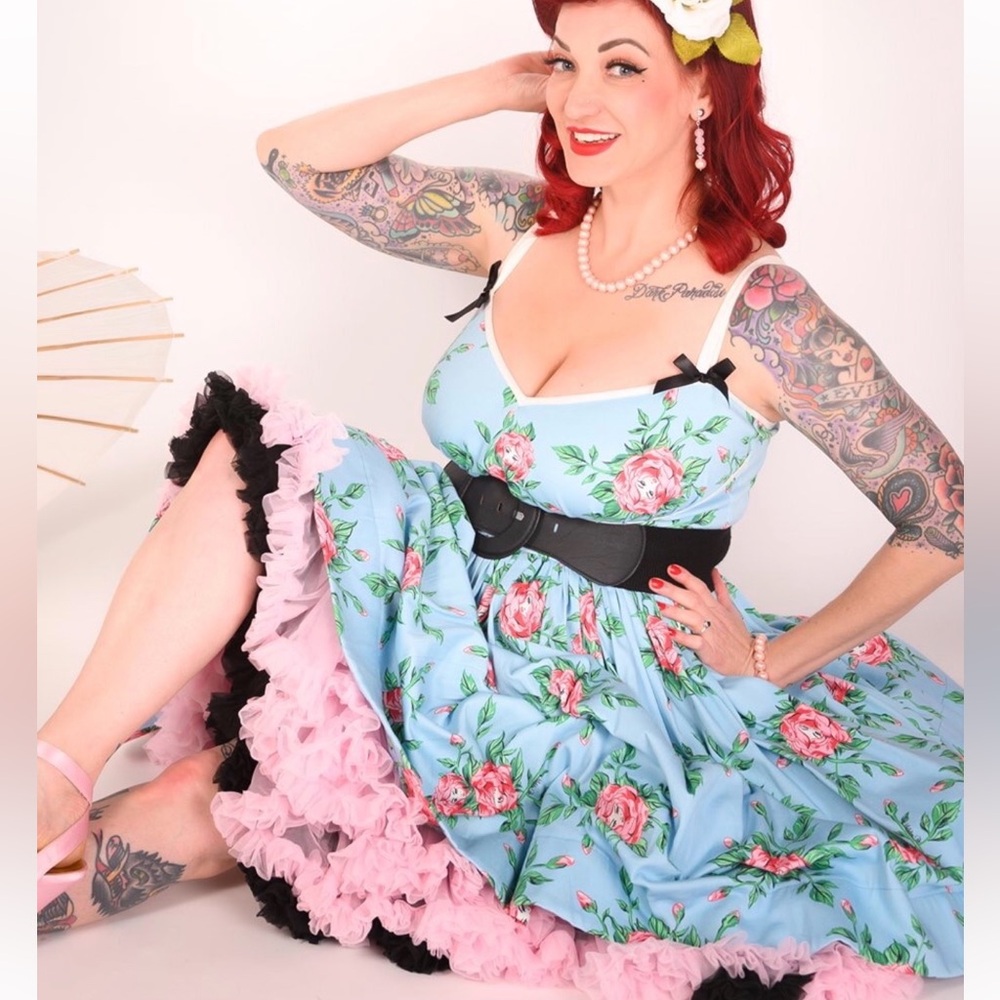 Micheline Pitt for Unique Vintage- Floral Blue and Pink Dress with Black Accents